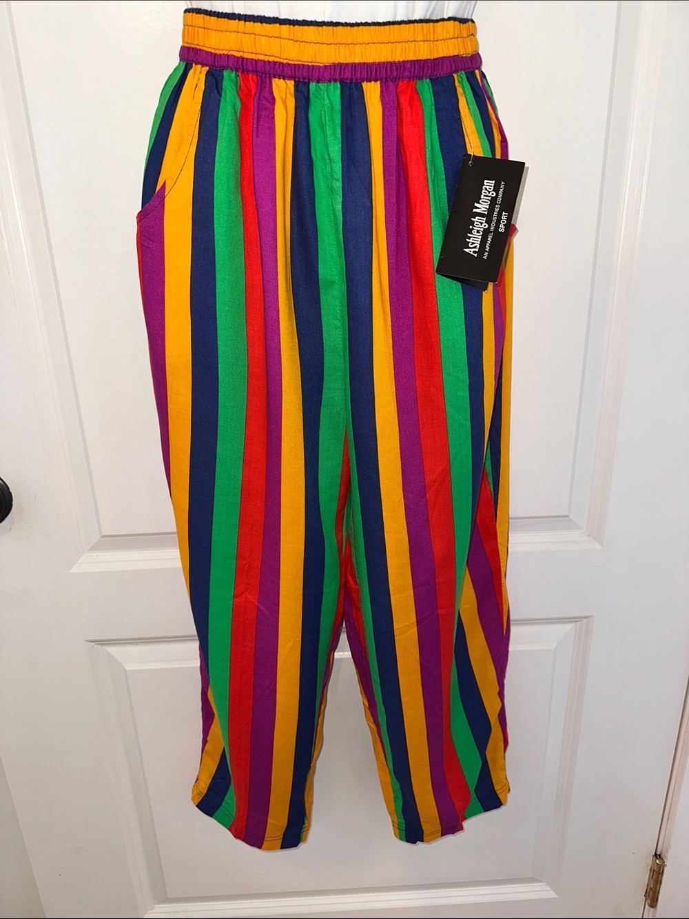 NWT Vtg 80s Ashley Morgan Colorful Vertical Stripe Pull‎ on Cropped Ankle Pants